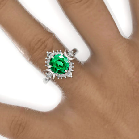 2 Carat Emerald Moon  Halo Gold Engagement Promissory Ring