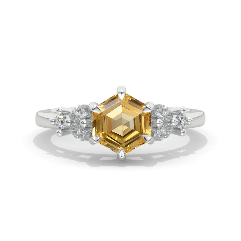 3 Carat Hexagon Genuine Yellow Citrine Cluster Halo 14K White Gold Engagement Ring Model 844-8