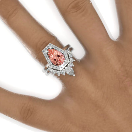 3 Carat Pear Peach Sapphire Halo Engagement Ring. Eternity Ring Set Model 846-11x7