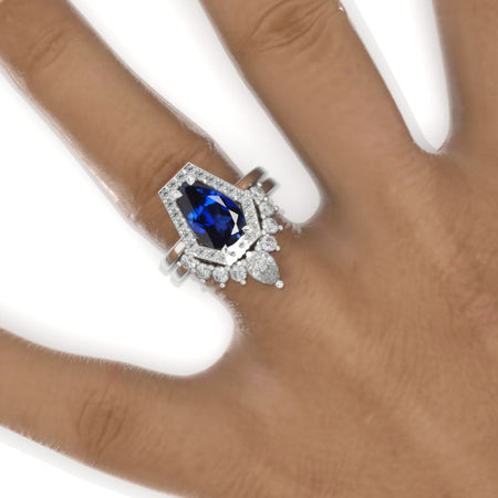 3 Carat Pear Royal Blue Sapphire Halo Engagement Ring. Eternity Ring Set Model 846-11x7