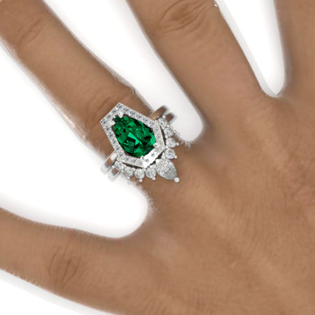 3 Carat Pear Emerald Halo Engagement Ring. Eternity Ring Set Model 846-11x7