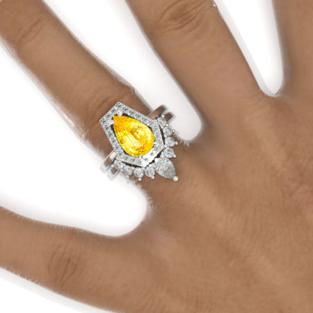 3 Carat Pear Yellow Sapphire Halo Engagement Ring. Eternity Ring Set Model 846-11x7