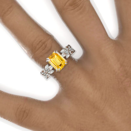 3 Emerald Cut Yellow Sapphire  White Gold Floral Engagement Ring Model 850