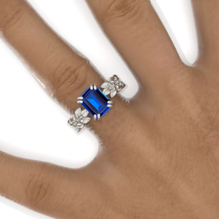 3 Emerald Cut Royal Blue Sapphire White Gold Floral Engagement Ring Model 850