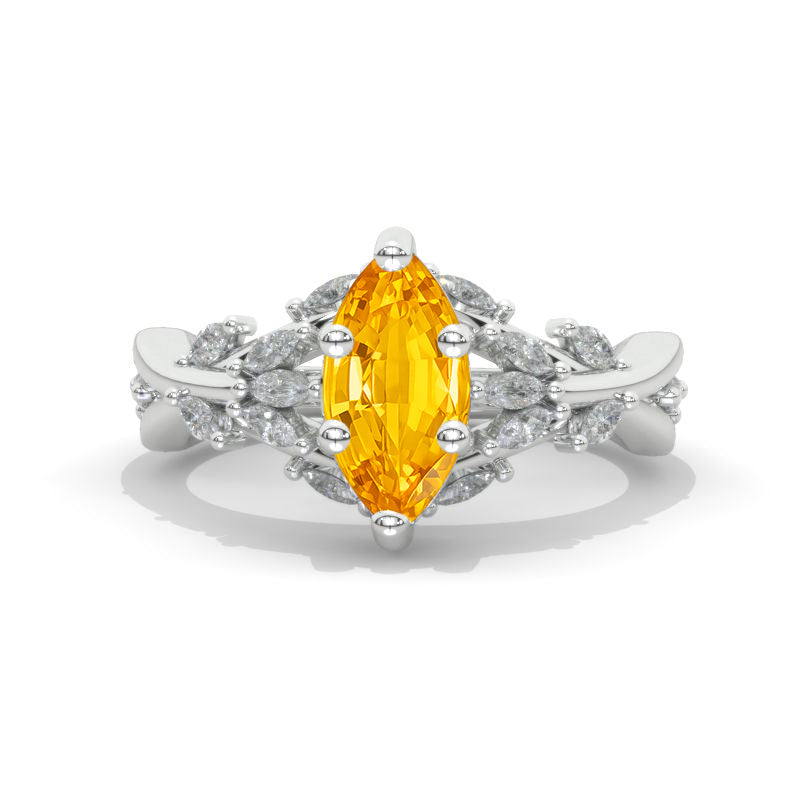 2 Carat Marquise 14K Solid Gold Ring  Marquise Genuine Yellow Citrine Halo Floral Wedding Ring. Engagement Ring Anniversary Ring, Baguette Side Stones Ring Model 851