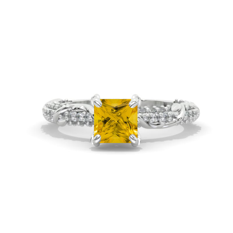 1.5 Carat Princess Cut Genuine Yellow Citrine White Gold Floral Engagement Ring Set Model 115-6.5x6.5
