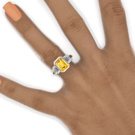 3 Carat Emerald Cut Bezel Set Yellow Sapphire Five-Stone  Engagement Ring Model 853-9x7mm