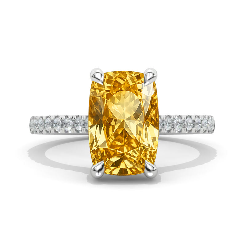 5 Carat Cushion Genuine Yellow Citrine Hidden Halo 14K White Gold  Engagement Ring Model 856-12x8