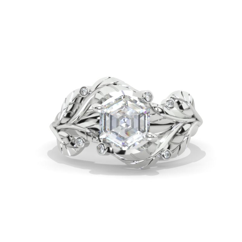 3 Carat Hexagon Moissanite Floral 14K White Gold Engagement Ring