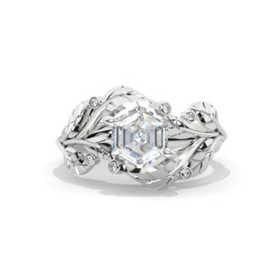 3 Carat Hexagon Moissanite Floral 14K White Gold Engagement Ring
