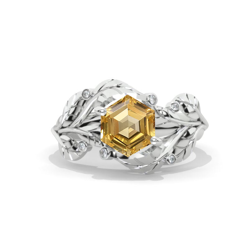 3 Carat Hexagon Genuine Yellow Citrine Floral 14K White Gold Engagement Ring Model 747-8