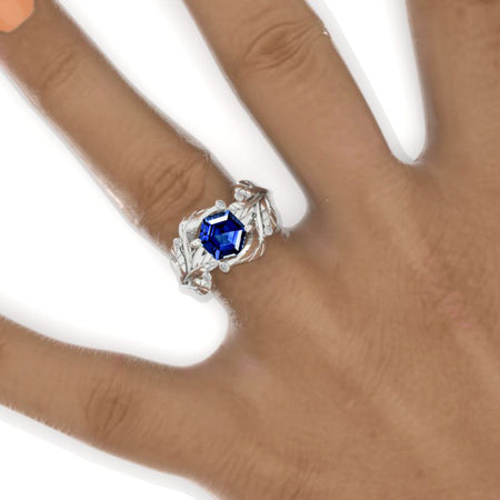 3 Carat Hexagon Royal Blue Sapphire Floral 14K White Gold Engagement Ring Model 747-8