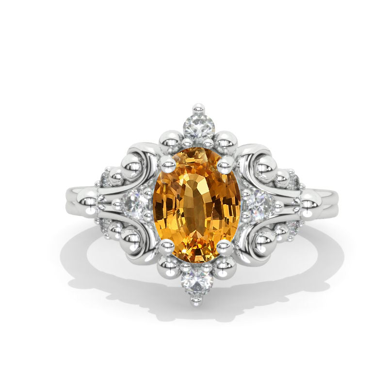 2 Carat Oval  Genuine Yellow Citrine Halo Vintage  14K White Gold  Engagement Ring Model 860-9x7