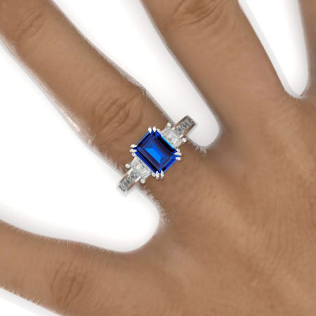 5 Carat Cushion Royal Blue Sapphire Hidden Halo 14K White Gold  Engagement Ring Model 856-12x8