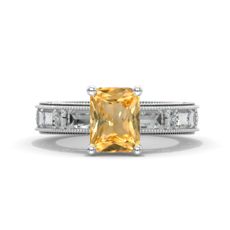3 Carat Radiant Cut Genuine Yellow Citrine White Gold Vintage Style Engagement Ring Model 859-9x7