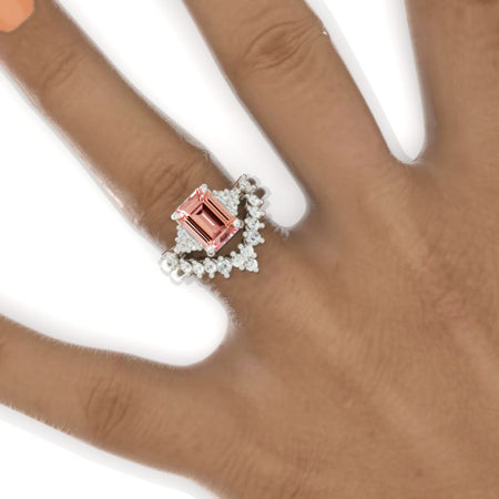 3 Carat Emerald Cut Cluster Peach Sapphire  White Gold Engagement Ring Set Model 861-9x7