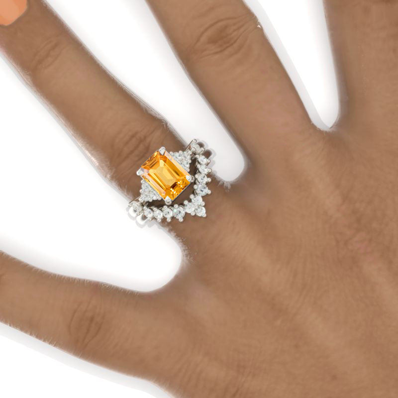 3 Carat Emerald Cut Cluster Genuine Yellow Citrine White Gold Engagement Ring Set Model 861-9x7