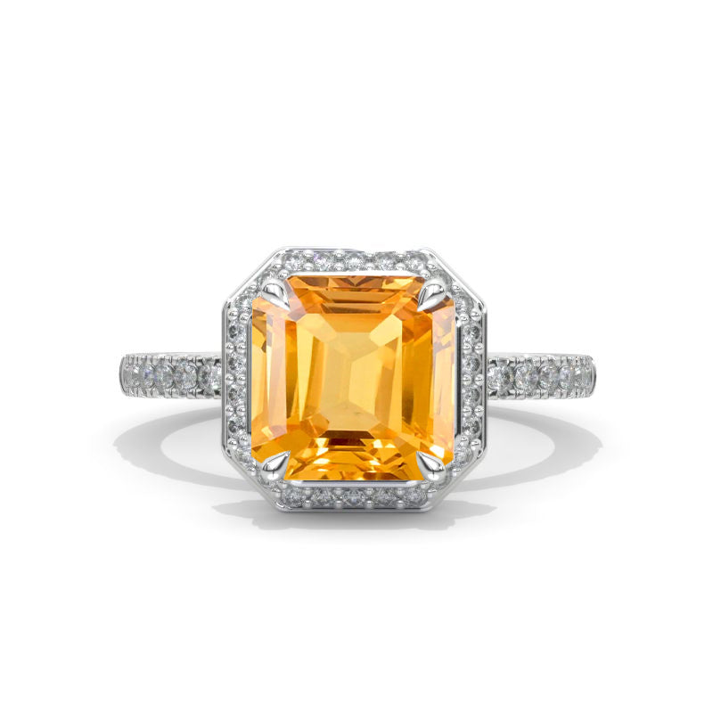 3 Carat Emerald Cut Halo Genuine Yellow Citrine White Gold Engagement Ring Set Model 864-9x7