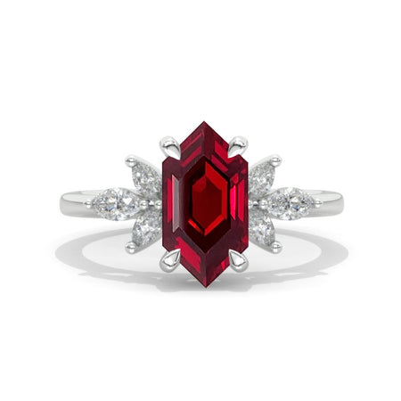 14K White Gold 3 Carat Hexagon Ruby Cluster Engagement Ring
