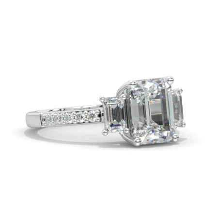 3 Carat Emerald Tri-Stone Moissanite Engagement Ring 14K White Gold Ring