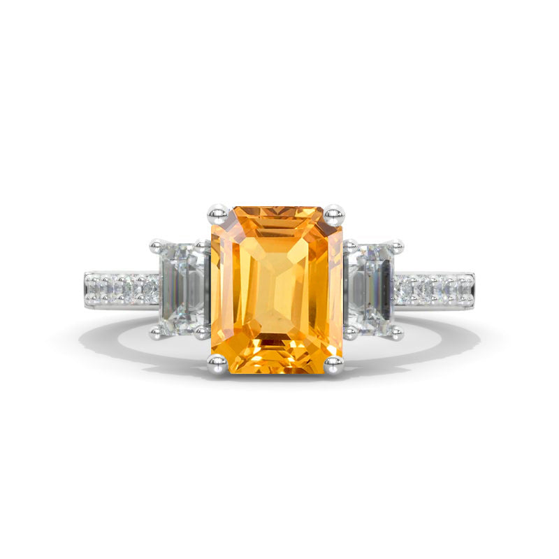 3 Carat Emerald Tri-Stone Genuine Yellow Citrine Engagement Ring 14K White Gold Ring Model 869-9x7