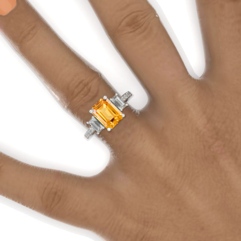 3 Carat Emerald Tri-Stone Genuine Yellow Citrine Engagement Ring 14K White Gold Ring Model 869-9x7