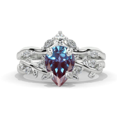 1.5 Carat Pear Alexandrite Halo Floral Engagement 14K White Gold  Ring Eternity Ring Set
