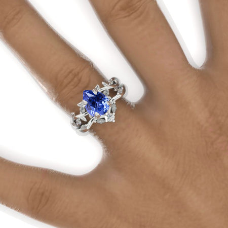 1.5 Carat Pear Natural Genuine Tanzanite Halo Floral Engagement 14K White Gold  Ring Eternity Ring Set