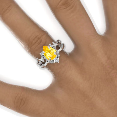 1.5 Carat Pear Halo Yellow Sapphire Floral Engagement 14K White Gold  Ring Eternity Ring Set Model 871-9x7