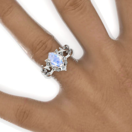 1.5 Carat Pear Halo Genuine Moonstone Floral Engagement 14K White Gold  Ring Eternity Ring Set