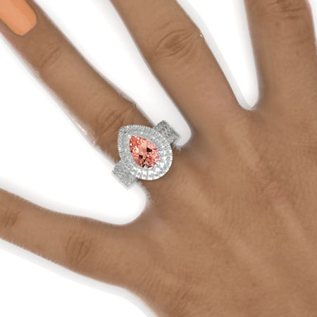 3 Carat Pear Cut Peach Sapphire Double Diamond Halo Engagement Ring Model 874-11x7