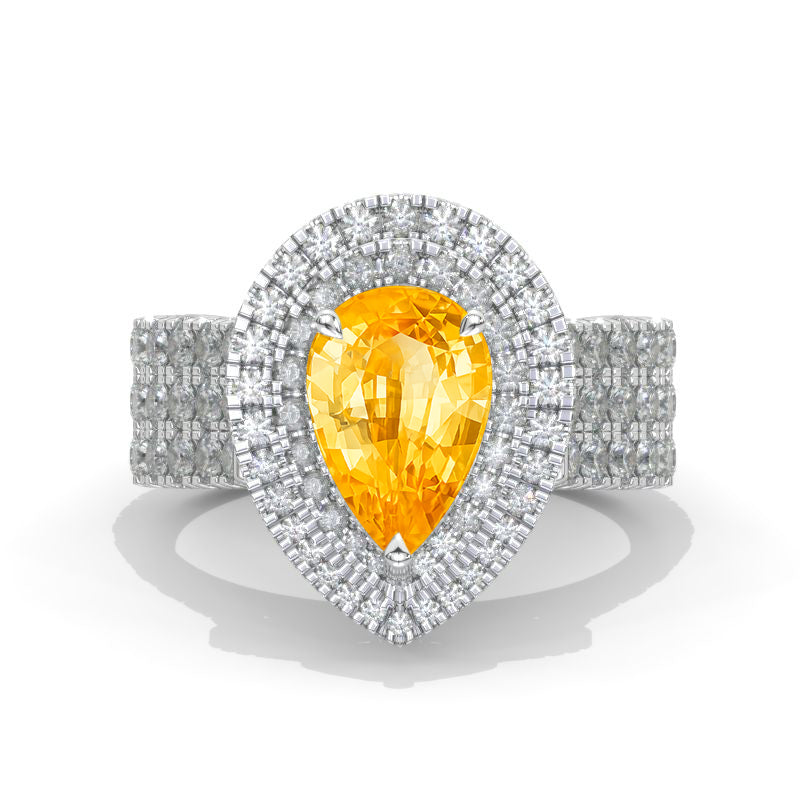 3 Carat Pear Cut Genuine Yellow Citrine Double Diamond Halo Engagement Ring Model 874-11x7