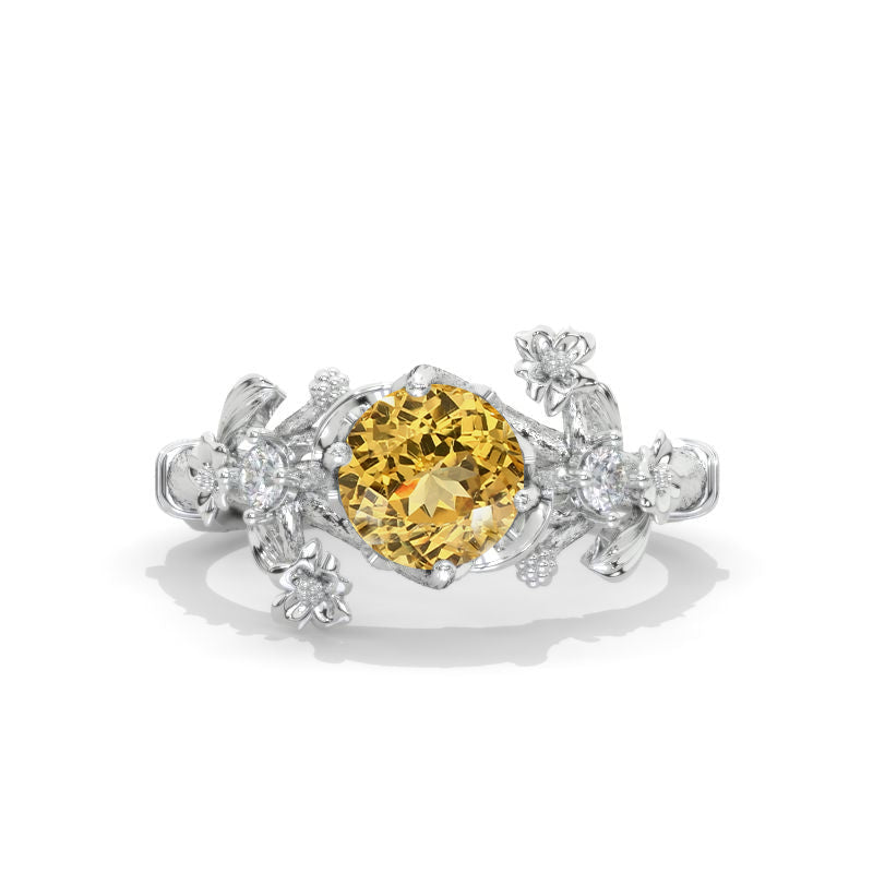 7mm Round Genuine Yellow Citrine Floral Victorian Style  Engagement Ring Model 988-7