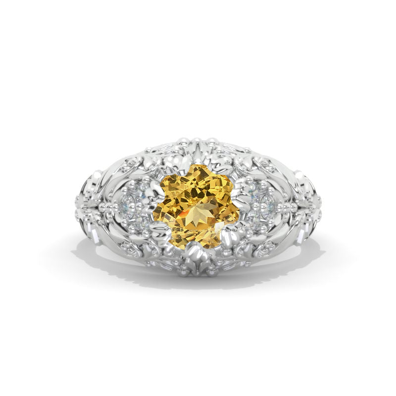 7mm Round Genuine Yellow Citrine Floral Victorian Style  Engagement Ring Model 989-7
