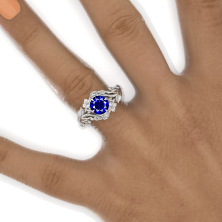7mm Round Royal Blue Sapphire Floral Style Engagement Ring Model 990-7