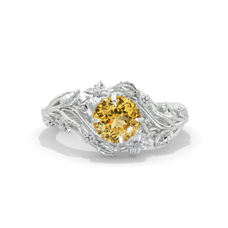 7mm Round Genuine Yellow Citrine Floral Style Engagement Ring Model 990-7