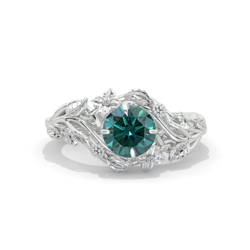 7mm Round Green Moissanite Floral Style Engagement Ring Model 990-7
