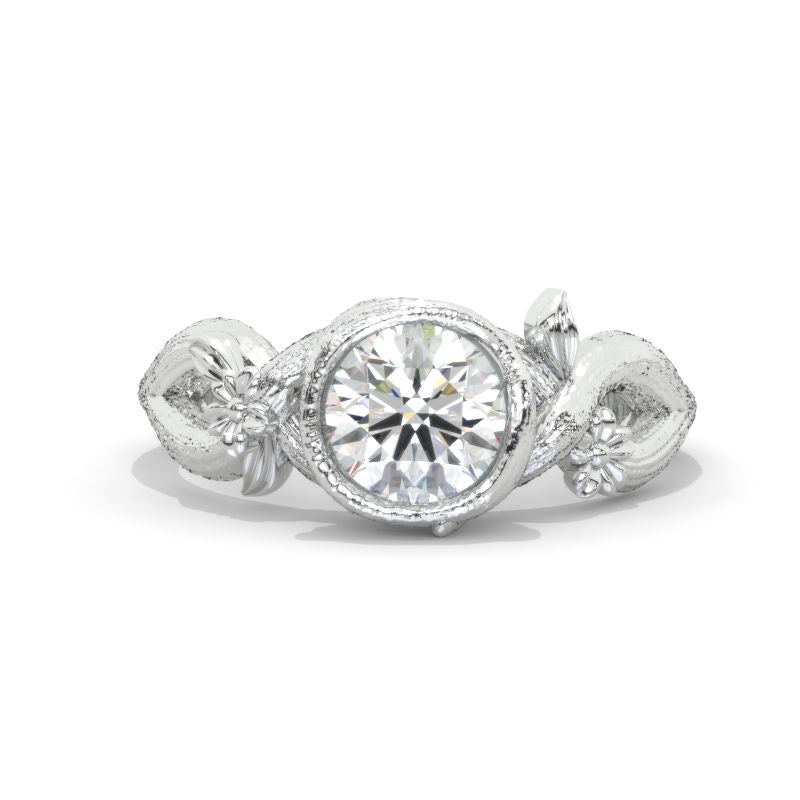 7mm Round Bezel Set Moissanite Floral Style Engagement Ring Giliarto