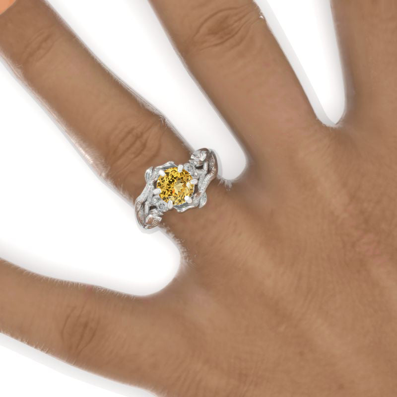 7mm Round Genuine Yellow Citrine Floral Twig Style Engagement Ring Model 992-7