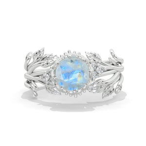 Round Genuine Moonstone Floral Leaves Style Engagement Ring
