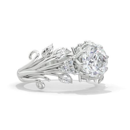 Round Moissanite Floral Leaves Style Engagement Ring