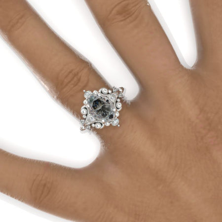 3 CT Oval Halo Gray Moissanite Vintage Wedding Ring. 14K White Gold Engagement Ring Anniversary Ring, Baguette Double Halo Ring