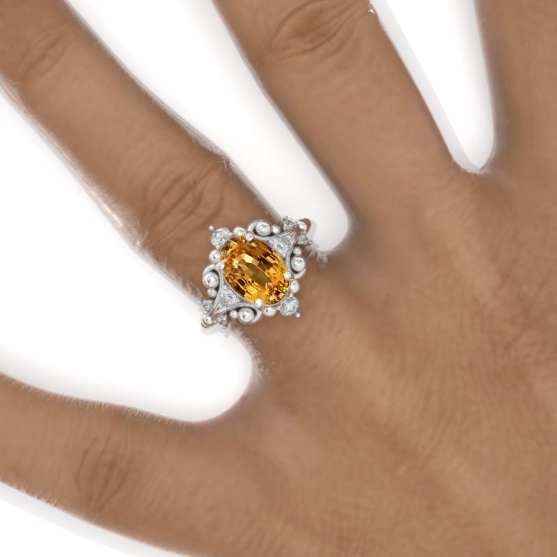3 CT Oval Halo Genuine Yellow Citrine Vintage Wedding Ring. 14K White Gold Engagement Ring Anniversary Ring, Baguette Double Halo Ring Model 997-10x7