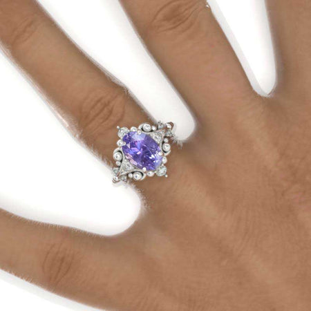 3 CT Oval Halo Purple Sapphire Vintage Wedding Ring. 14K White Gold Engagement Ring Anniversary Ring, Baguette Double Halo Ring