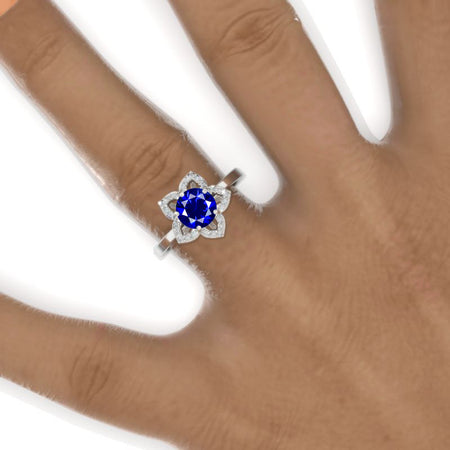 1 Carat Round Royal Blue Sapphire Floral Halo Engagement Ring Model 998-6.5