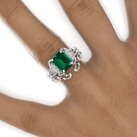 3 Carat Emerald Halo Emerald Twisted Shank  White Gold Engagement Ring Set Model 1101