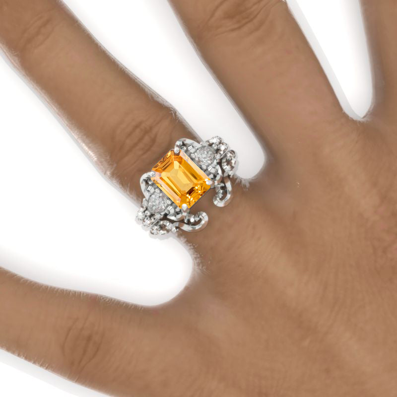 3 Carat Emerald Halo Genuine Yellow Citrine Twisted Shank  White Gold Engagement Ring Set Model 1101