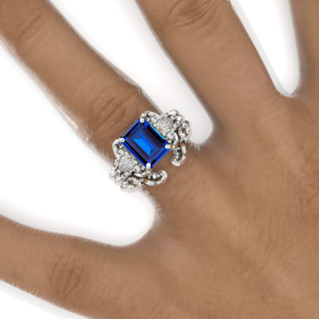 3 Carat Emerald Halo Royal Blue Sapphire Twisted Shank  White Gold Engagement Ring Set Model 1101