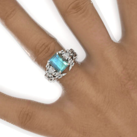 3 Carat Emerald Halo Labradorite Floral Shank White Gold Engagement Ring Set