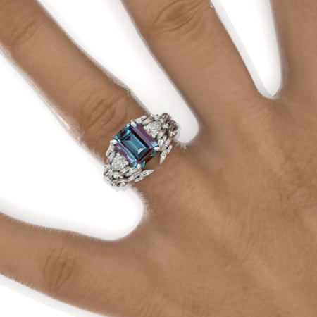 3 Carat Emerald Halo Alexandrite Floral Shank  White Gold Engagement Ring Set